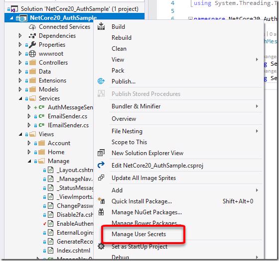 Visual Studio context menu with 'Manage User Secrets' highlighted
