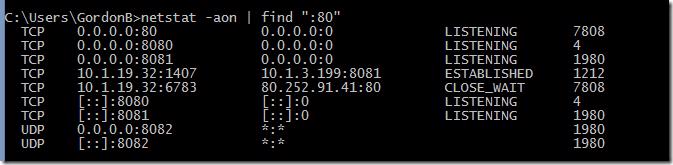 Command prompt showing netstat output for port 80