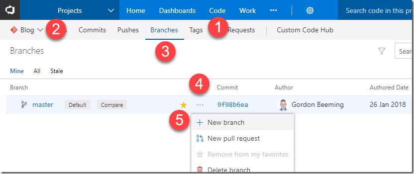VSTS new branch creation menu