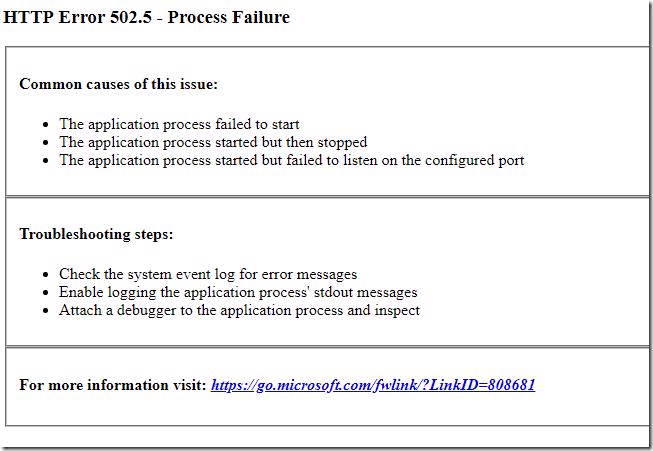 HTTP Error 502.5 - Process Failure