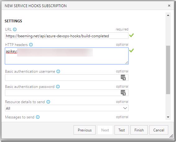 Azure DevOps Web Hook action settings for build completed