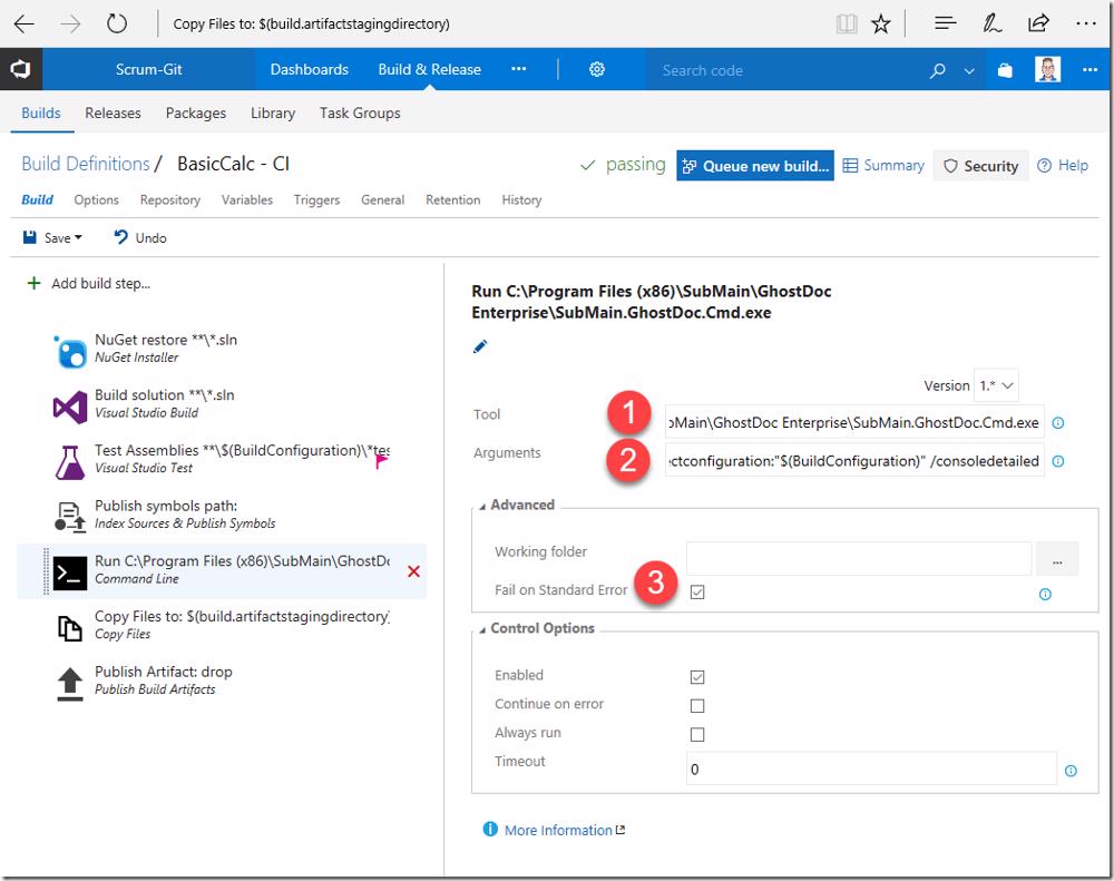Configuring the Command Line task in VSTS/TFS to run Ghost Doc