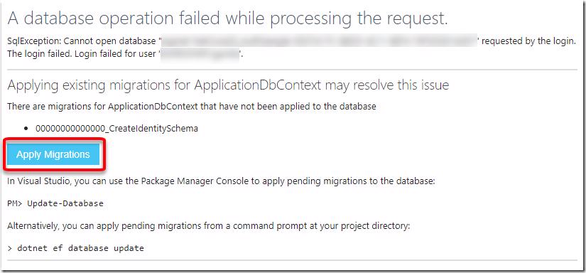 ASP.NET Core migration error page with 'Apply Migrations' button