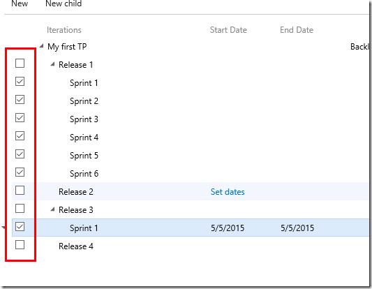 VSTS Iterations page - Selecting visible iterations for the team