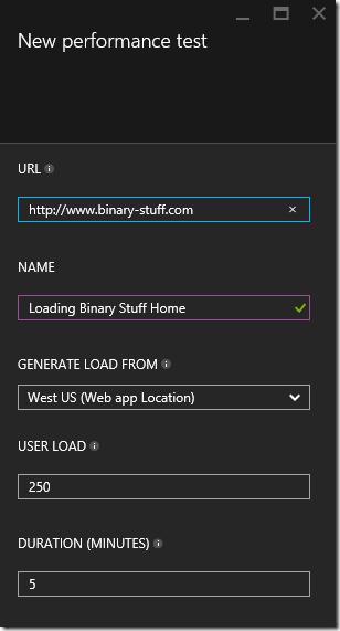 Azure portal New performance test blade