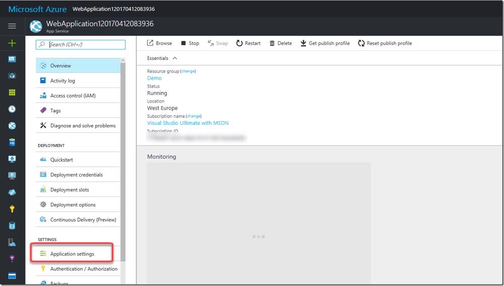 Azure portal showing Application settings blade for a deployment slot
