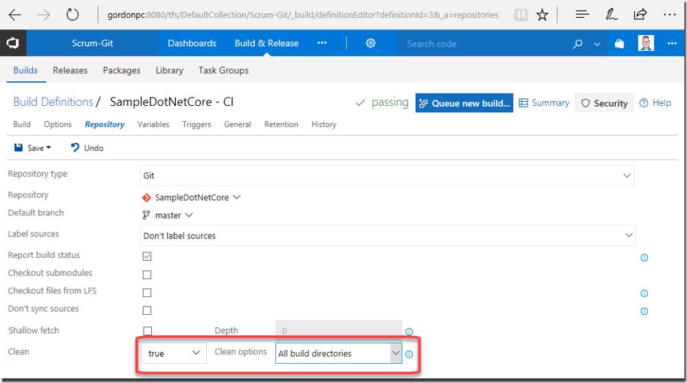 VSTS/TFS build definition: Repository tab, Clean option set to 'All build directories'.