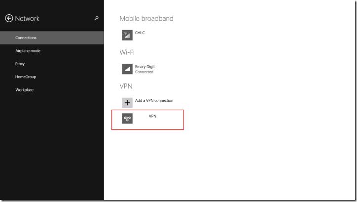 Windows 8.1 Network Connections - VPN connection added