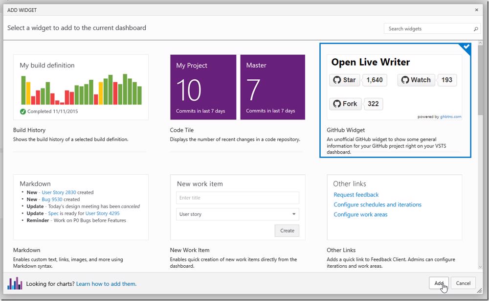 Adding GitHub Widget from VSTS widget catalog