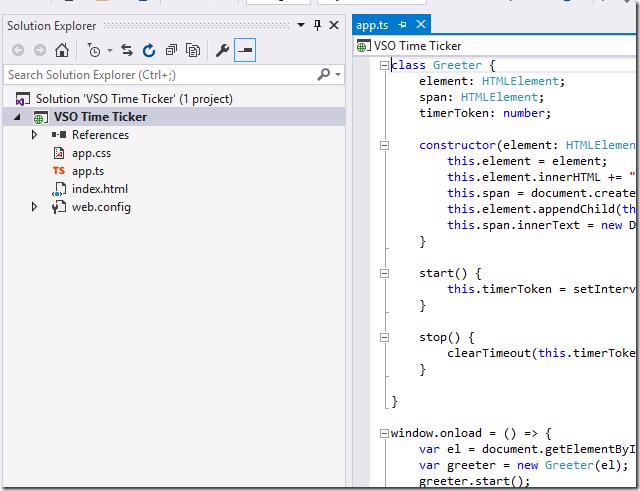 Newly created VSO Time Ticker project in Visual Studio Solution Explorer