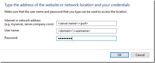 Entering server name and port for Windows credential
