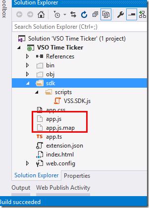 Visual Studio Solution Explorer with Show All Files enabled, showing app.js and app.js.map