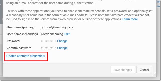 VSTS user profile Credentials tab with Disable alternate credentials button