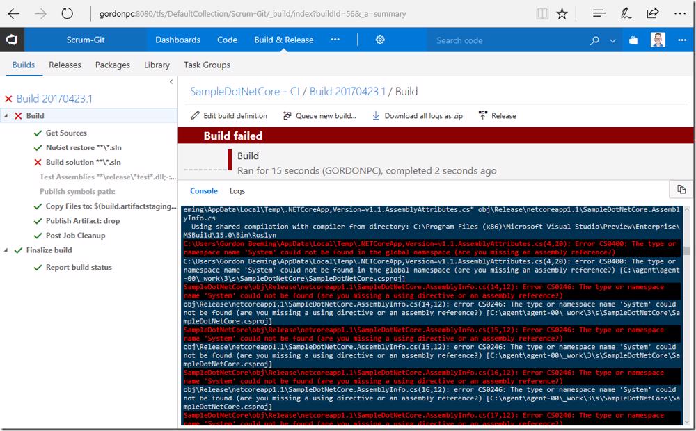 VSTS/TFS build log: Errors indicating missing references after package restore.