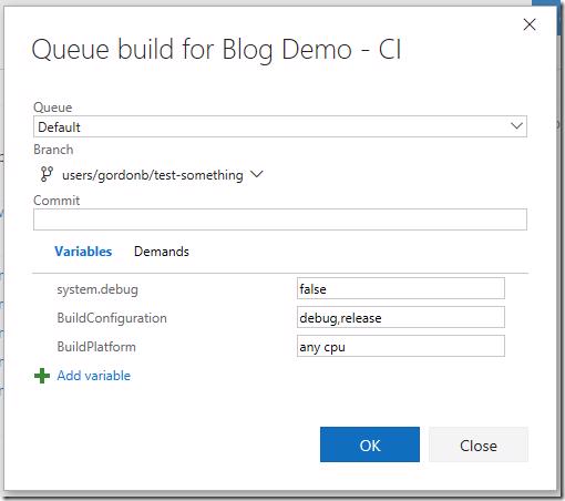 VSTS/TFS: Queue new build dialog with a user branch selected.