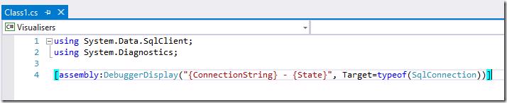 C# code showing DebuggerDisplay attribute targeting a specific type