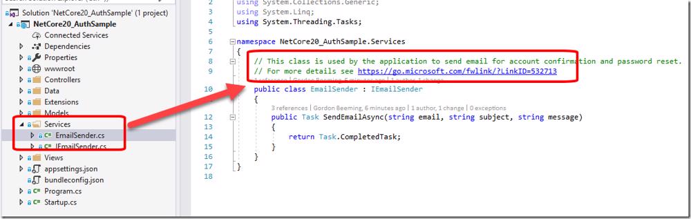 EmailSender.cs file in Visual Studio Solution Explorer