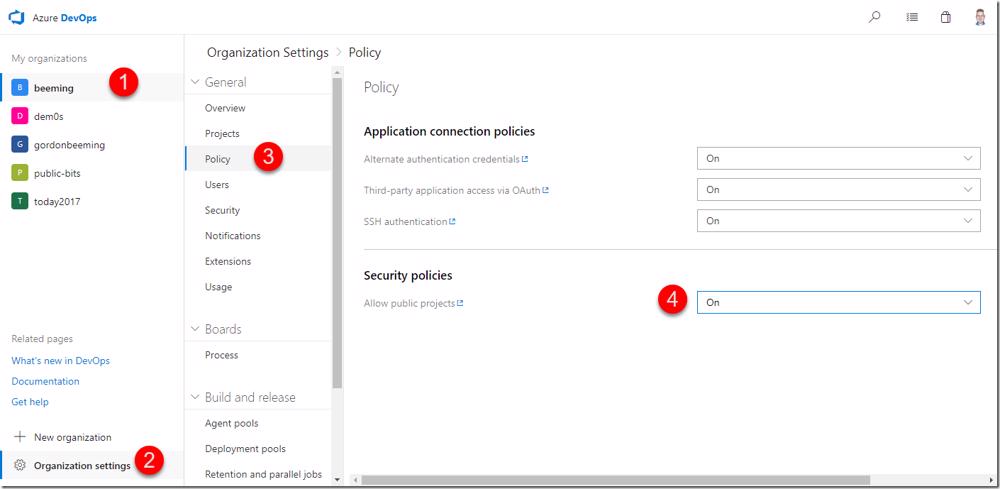 Azure DevOps organization settings: Policy tab with 'Allow public projects' set to On.