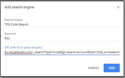 Chrome add search engine dialog for TFS Code Search