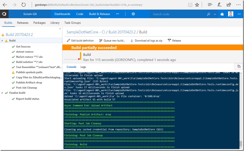 VSTS/TFS build summary: Build partially succeeded.
