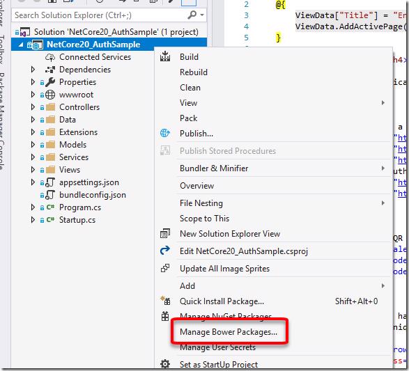 Visual Studio context menu with 'Manage Bower Packages' highlighted