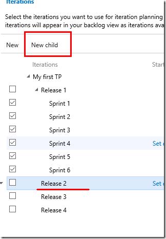 VSTS Iterations page - New child iteration option