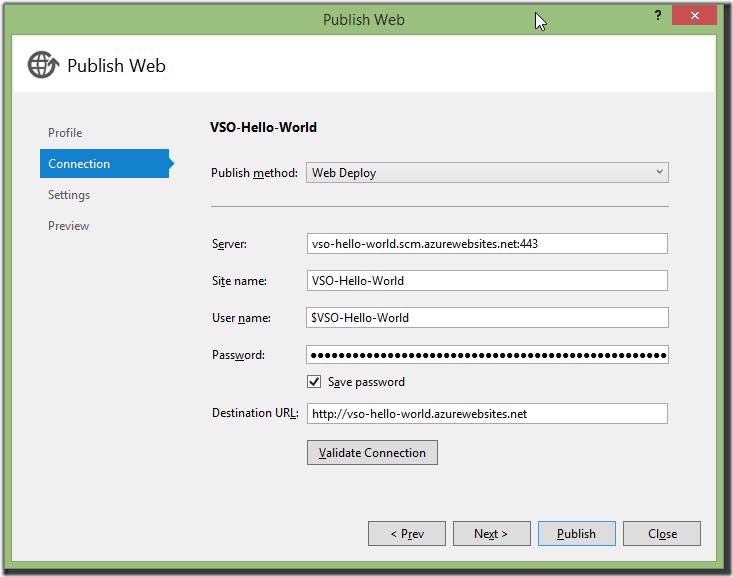 Visual Studio Publish Web dialog after Azure setup