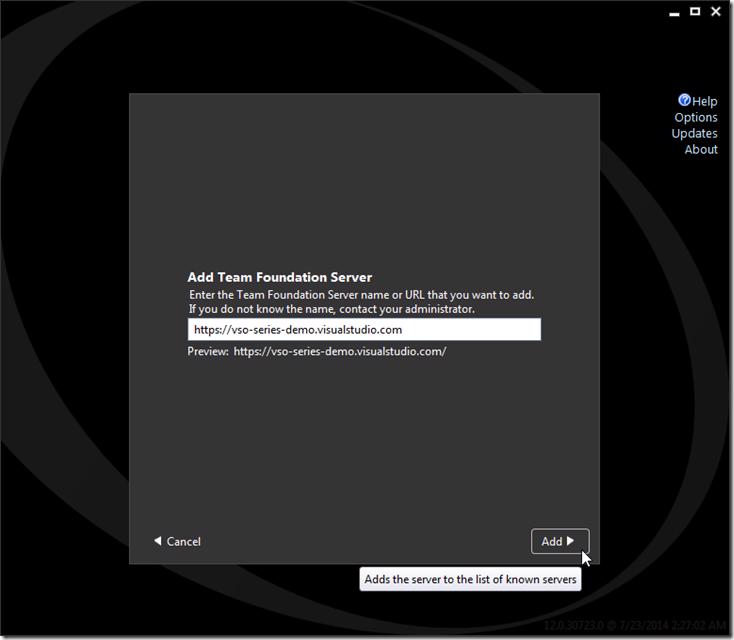 Microsoft Test Manager Add Team Foundation Server dialog