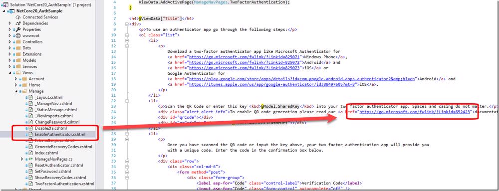 EnableAuthenticator.cshtml file in Visual Studio Solution Explorer