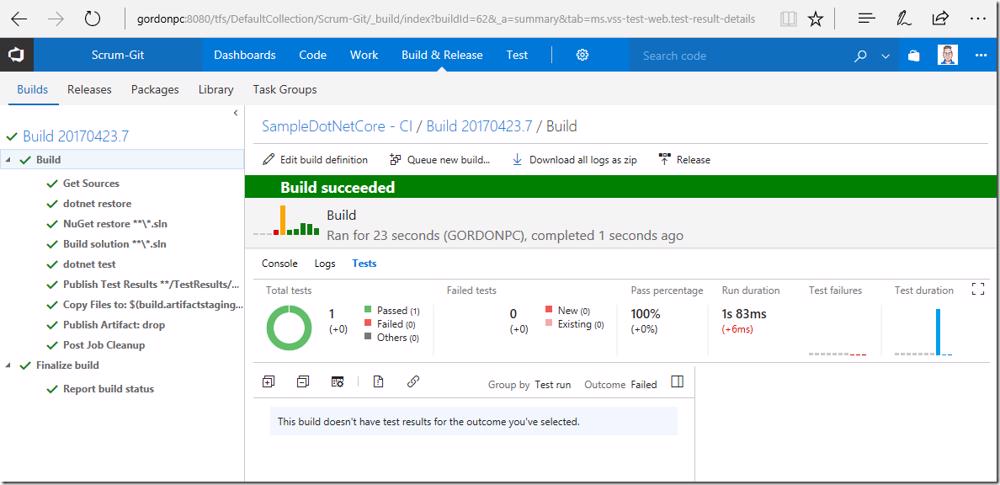 VSTS/TFS build summary: 1 test result reported correctly.