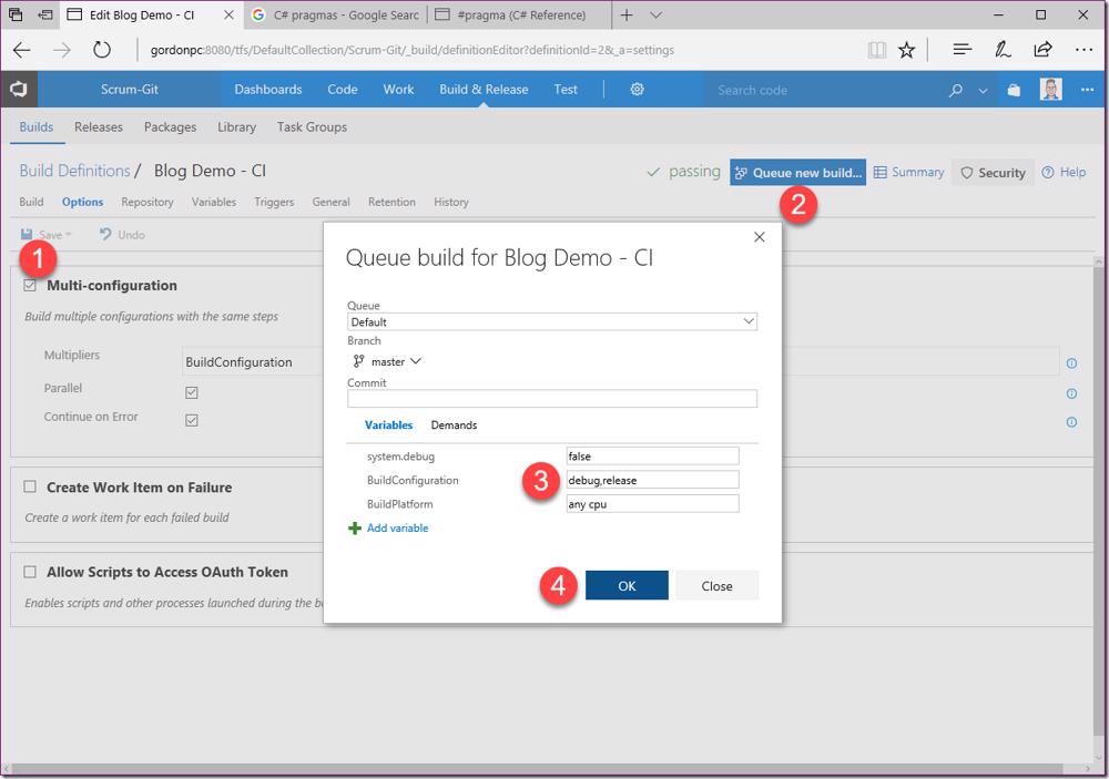 VSTS/TFS: Queue new build dialog showing debug and release configurations.