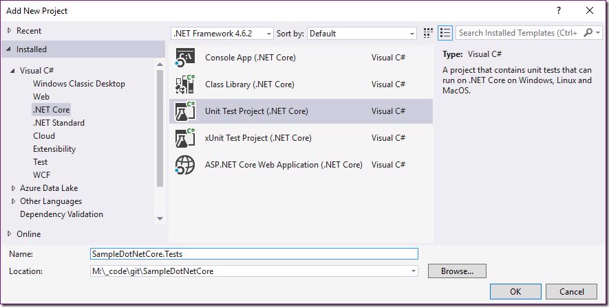Visual Studio New Project dialog: Selecting Unit Test Project (.NET Core) template.