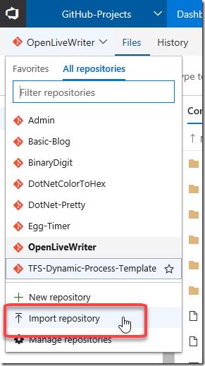 VSTS Import Repository context menu button