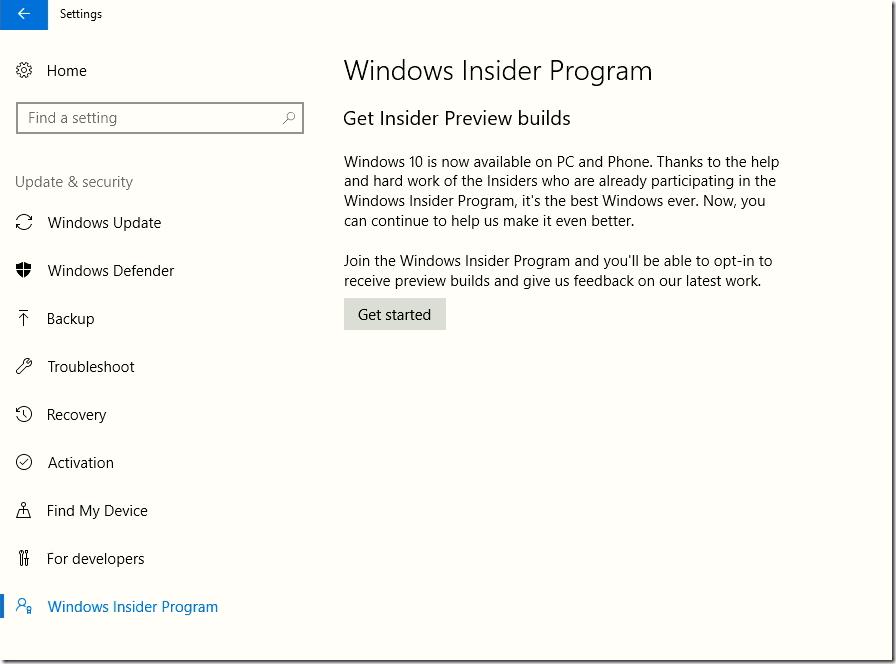 Windows Insider Program Get started button