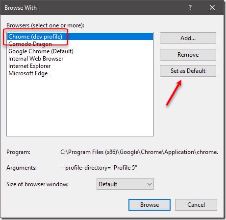 Setting default browser in Visual Studio Browse With dialog