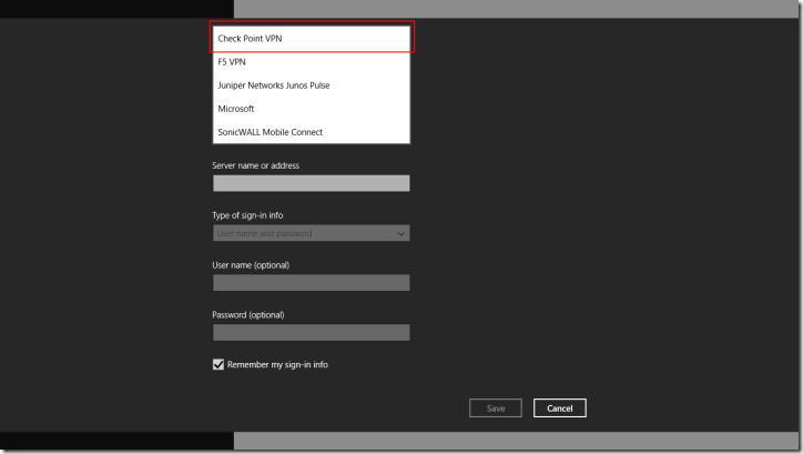 Windows 8.1 Add VPN connection dialog - Check Point