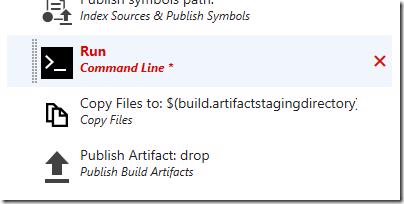 VSTS/TFS build definition with the Command Line task placed before the Copy Files task