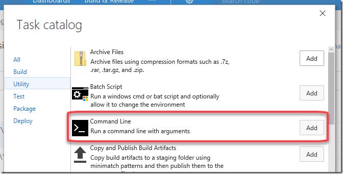 Adding a Command Line task to the VSTS/TFS build definition