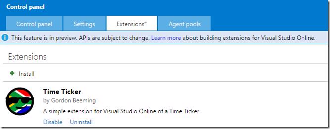 VSTS Extensions tab showing installed Time Ticker extension
