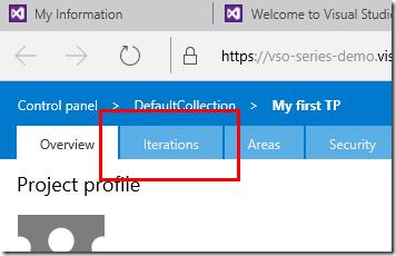 VSTS settings menu with Iterations option highlighted