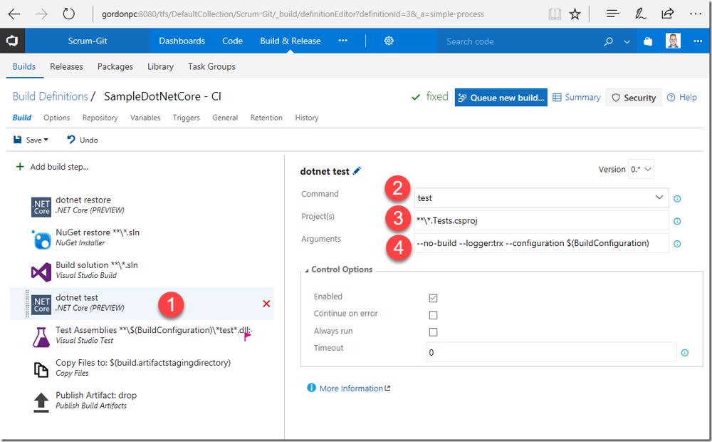 VSTS/TFS build definition: .NET Core task configured to run tests for .Tests.csproj projects.