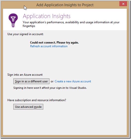 Visual Studio - Add Application Insights to Project window