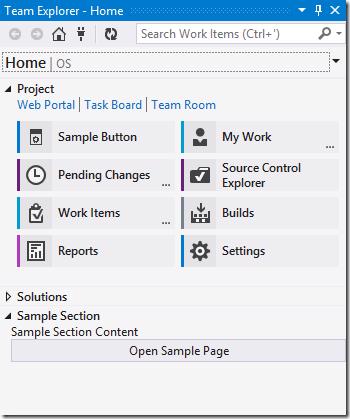Sample Team Explorer Section on Team Explorer Home page