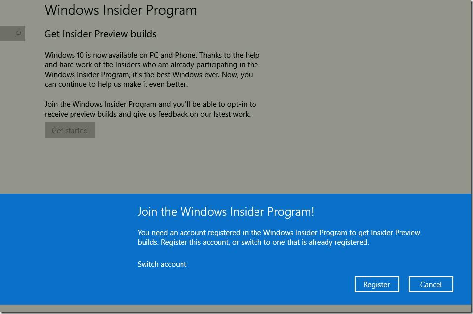 Error message: Account not registered in Windows Insider Program