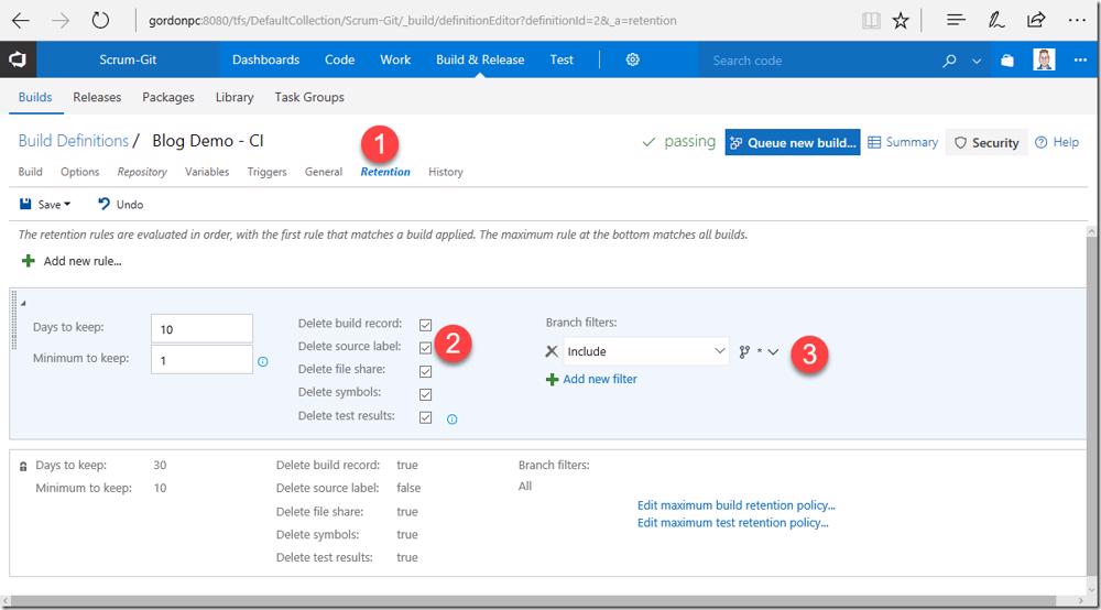 VSTS/TFS retention settings: Deleting source labels and including all branches.
