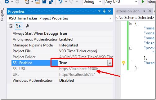 Visual Studio Properties window with SSL Enabled set to True and SSL URL shown