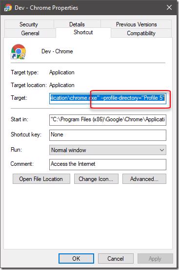 Chrome profile shortcut properties Target field