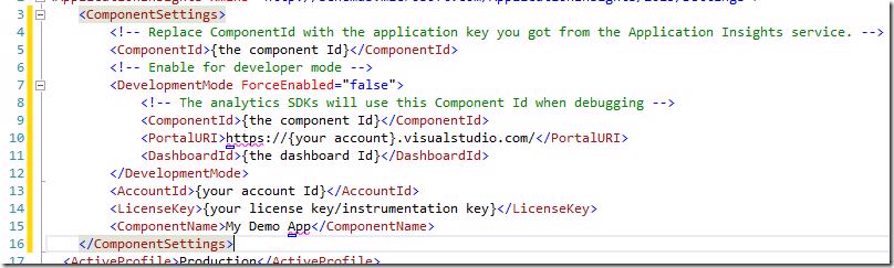 ApplicationInsights.config with sensitive values blanked out