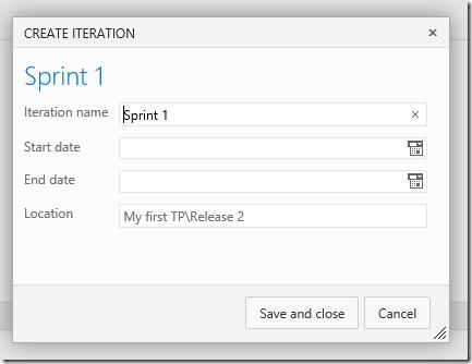 VSTS Iterations page - New child iteration dialog