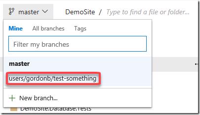 Visual Studio Team Explorer: Branch structure showing main and user branches.